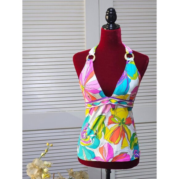 Trina Turk Women's Kaleidoscope Floral Print Halter Tankini Top Size 8 2585 - Picture 1 of 10